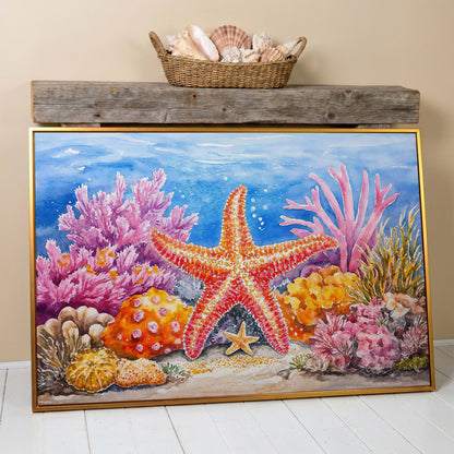 Starfish and Coral Reef Canvas Wall Art, Vibrant Ocean Scene in antique gold floating frame