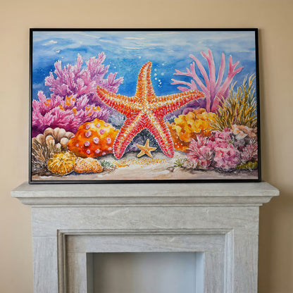 Starfish and Coral Reef Canvas Wall Art, Vibrant Ocean Scene in black floating frame