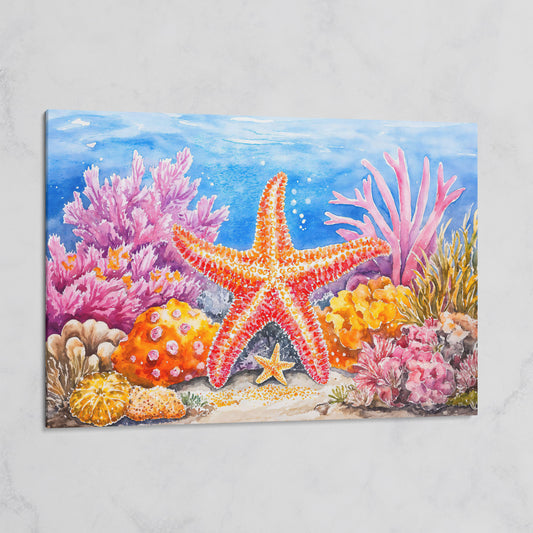 Starfish and Coral Reef Canvas Wall Art, Vibrant Ocean Scene on gallery wrap