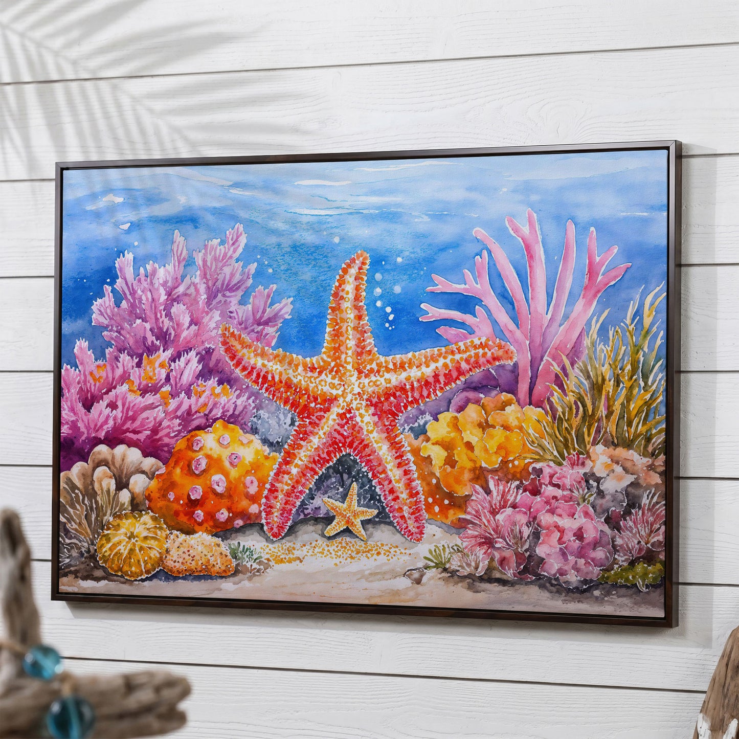 Starfish and Coral Reef Canvas Wall Art, Vibrant Ocean Scene in dark walnut floating frame