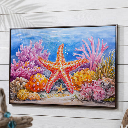 Starfish and Coral Reef Canvas Wall Art, Vibrant Ocean Scene in dark walnut floating frame