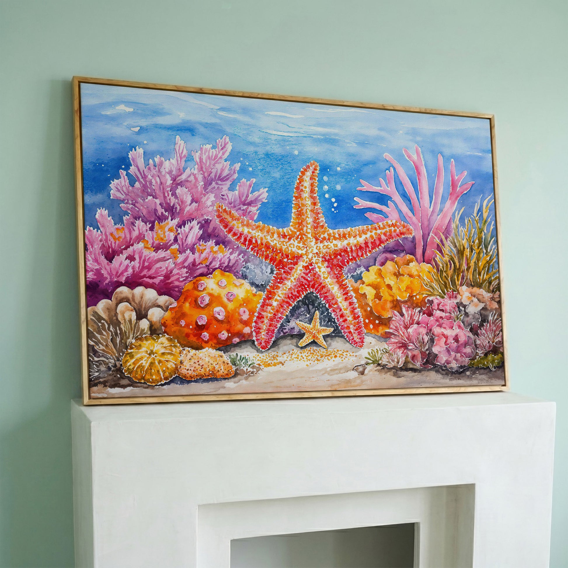 Starfish and Coral Reef Canvas Wall Art, Vibrant Ocean Scene in white oak floating frame