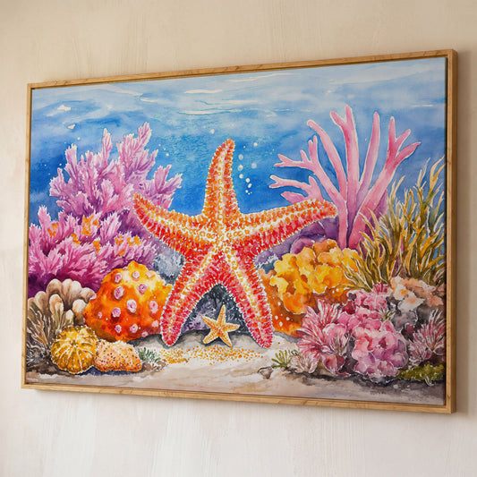 Starfish and Coral Reef Canvas Wall Art, Vibrant Ocean Scene shown in white oak floating frame