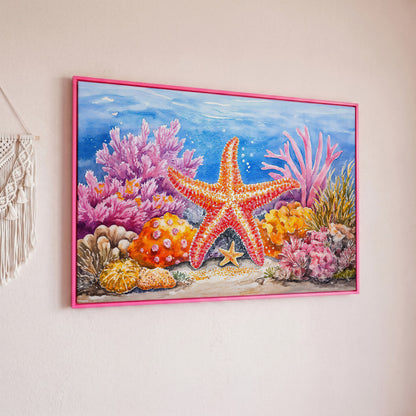 Starfish and Coral Reef Canvas Wall Art, Vibrant Ocean Scene in pink floating frame