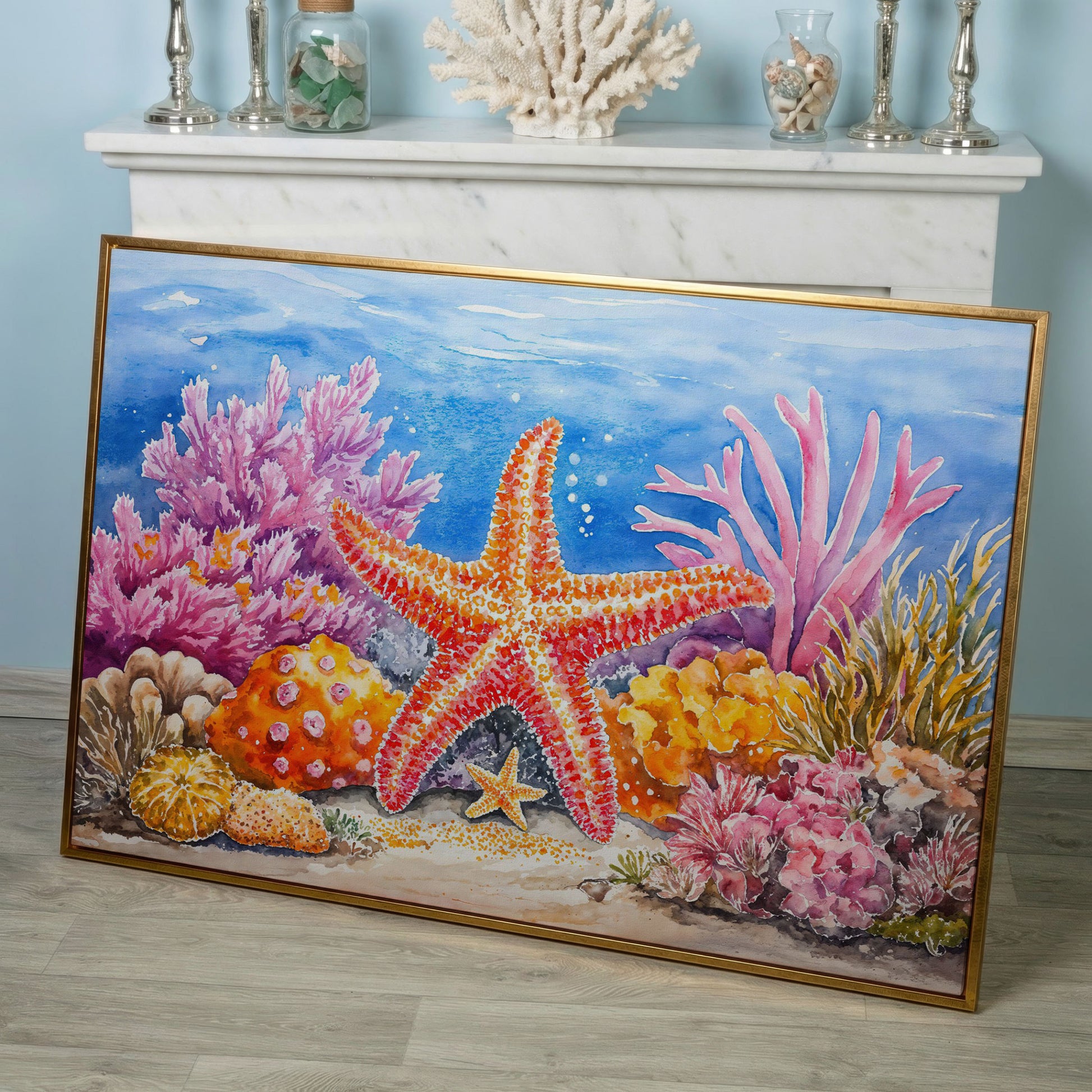 Starfish and Coral Reef Canvas Wall Art, Vibrant Ocean Scene in rose gold floating frame