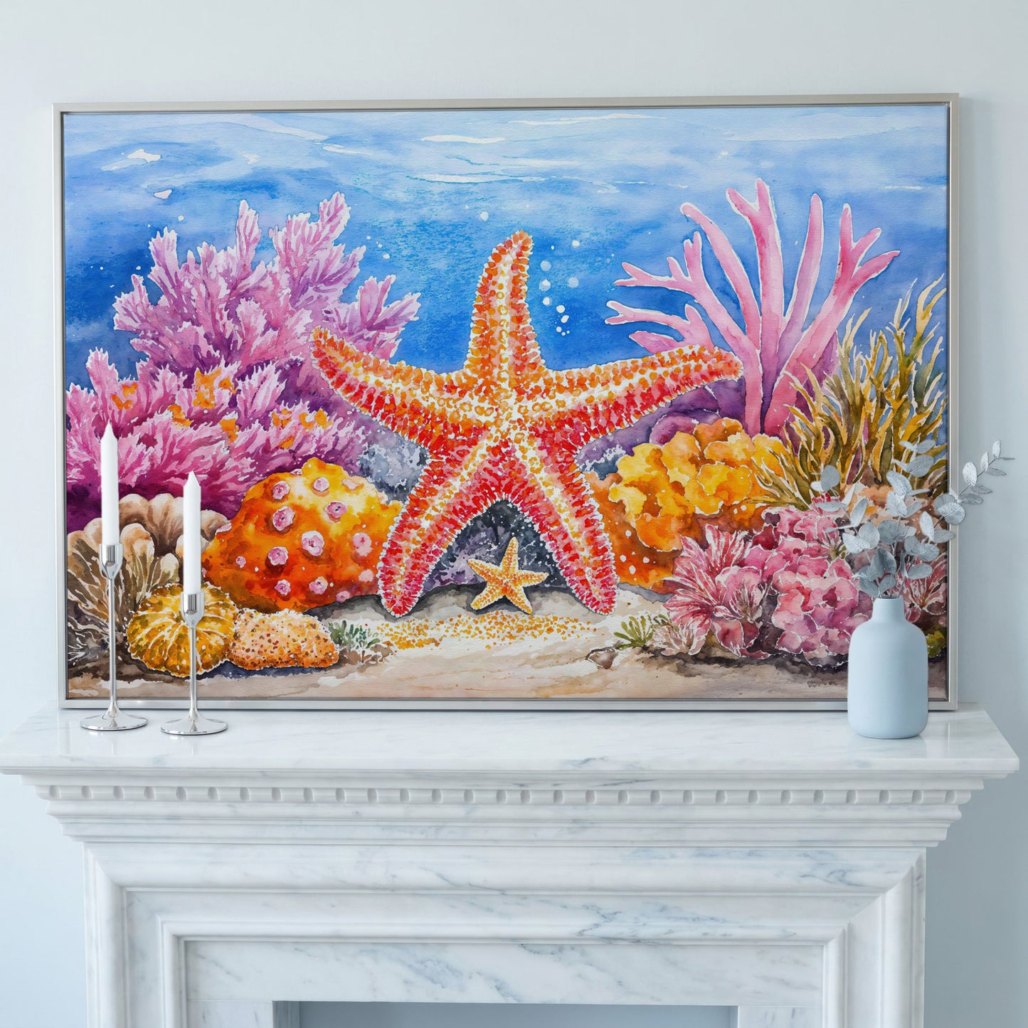 Starfish and Coral Reef Canvas Wall Art, Vibrant Ocean Scene in silver floating frame