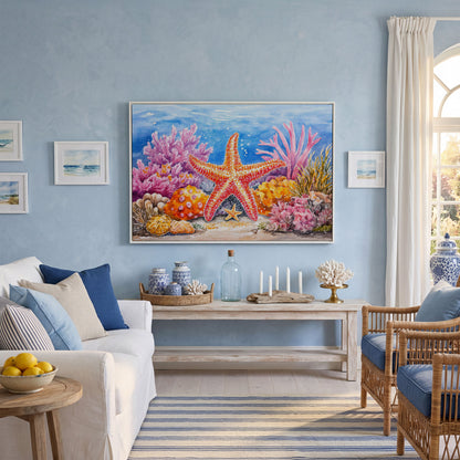 Starfish and Coral Reef Canvas Wall Art, Vibrant Ocean Scene in white floating frame