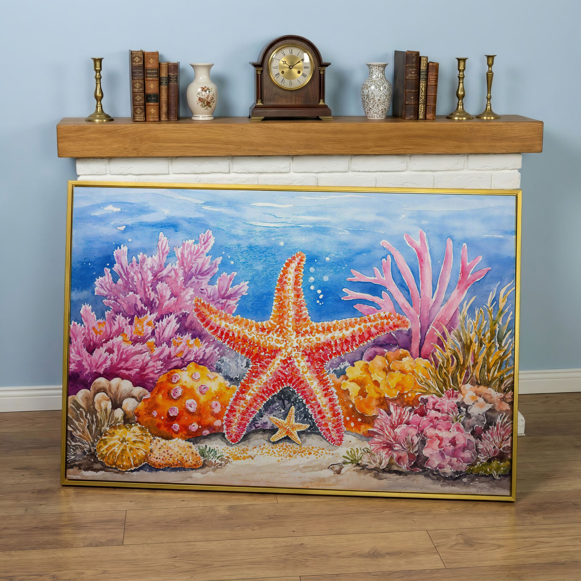 Starfish and Coral Reef Canvas Wall Art, Vibrant Ocean Scene in yellow gold floating frame