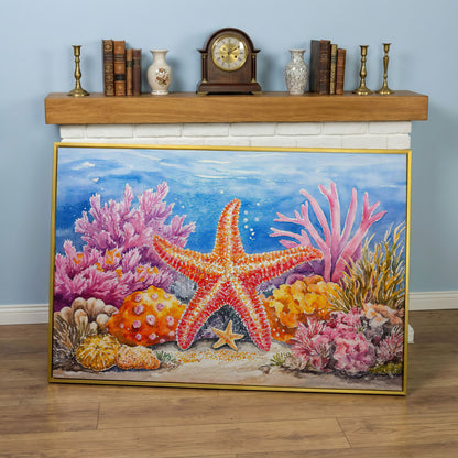 Starfish and Coral Reef Canvas Wall Art, Vibrant Ocean Scene in yellow gold floating frame
