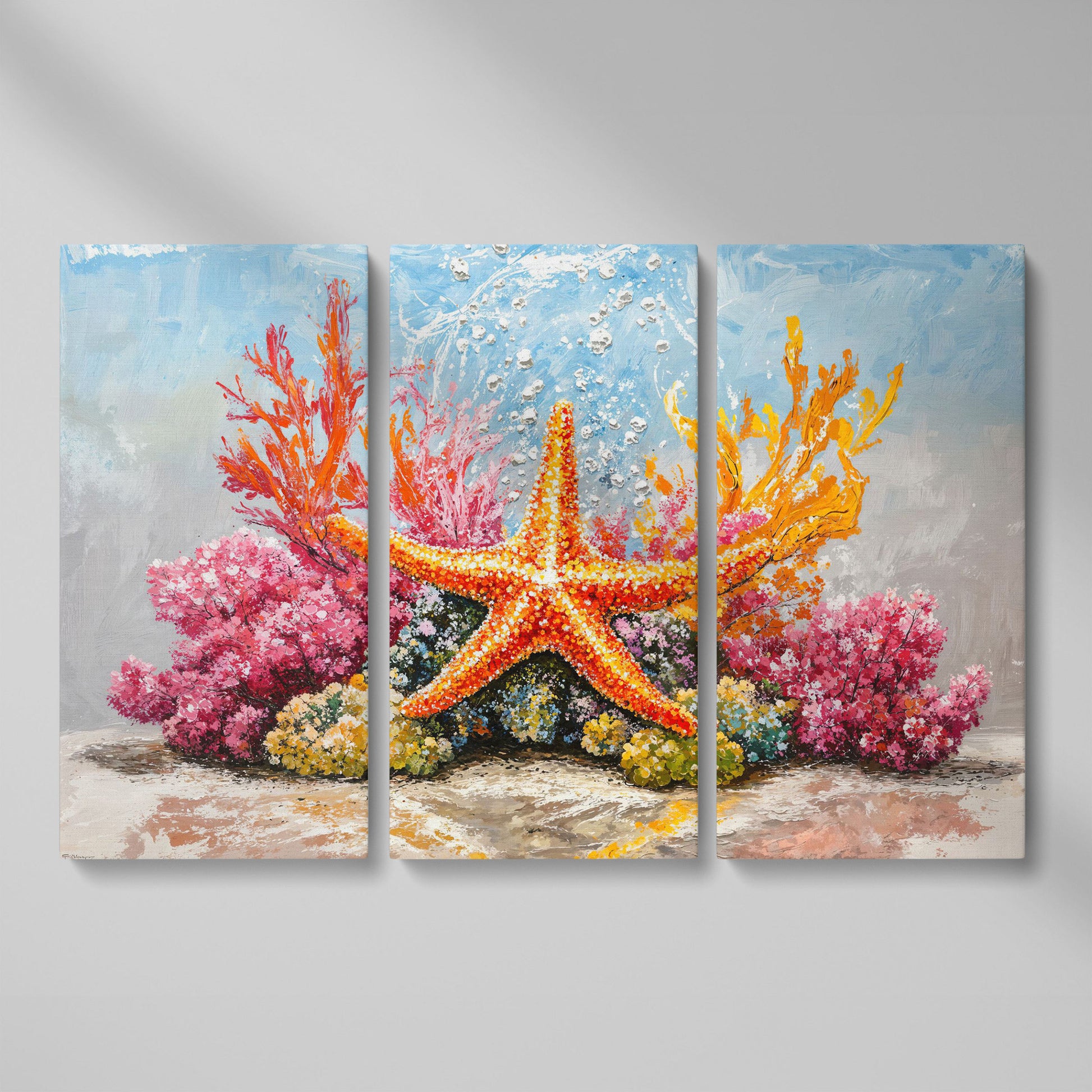 Starfish and Coral Reef Underwater Canvas Wall Art as 3-panel split version
