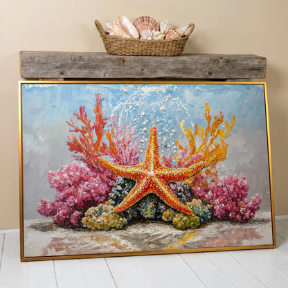 Starfish and Coral Reef Underwater Canvas Wall Art in antique gold floating frame