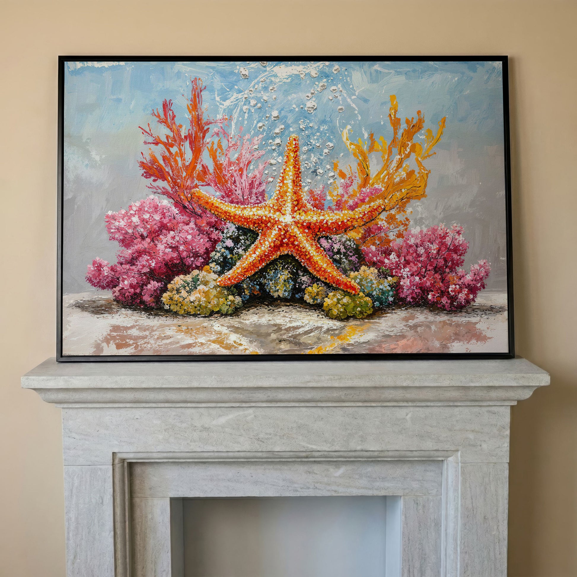 Starfish and Coral Reef Underwater Canvas Wall Art in black floating frame