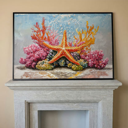 Starfish and Coral Reef Underwater Canvas Wall Art in black floating frame