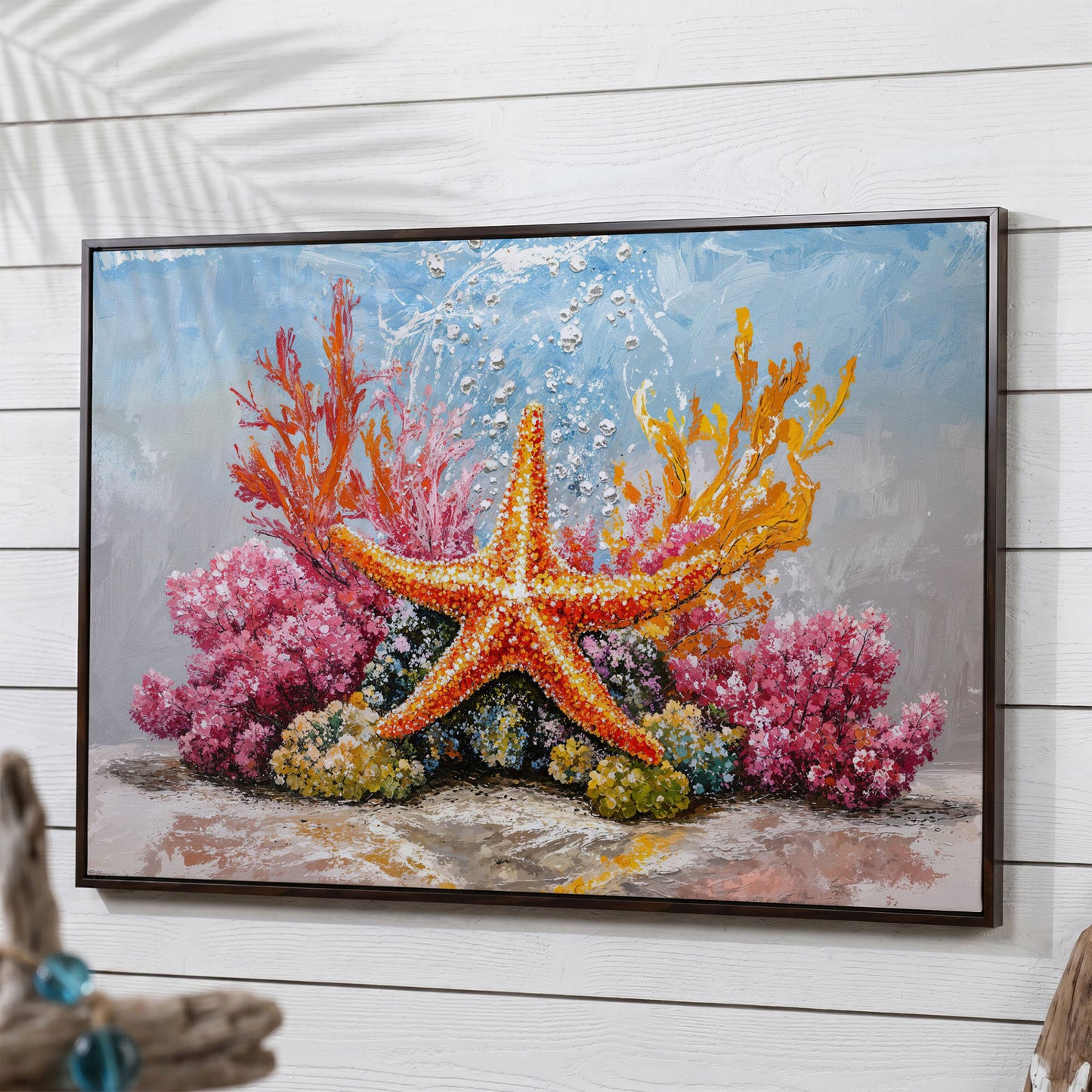 Starfish and Coral Reef Underwater Canvas Wall Art in dark walnut floating frame