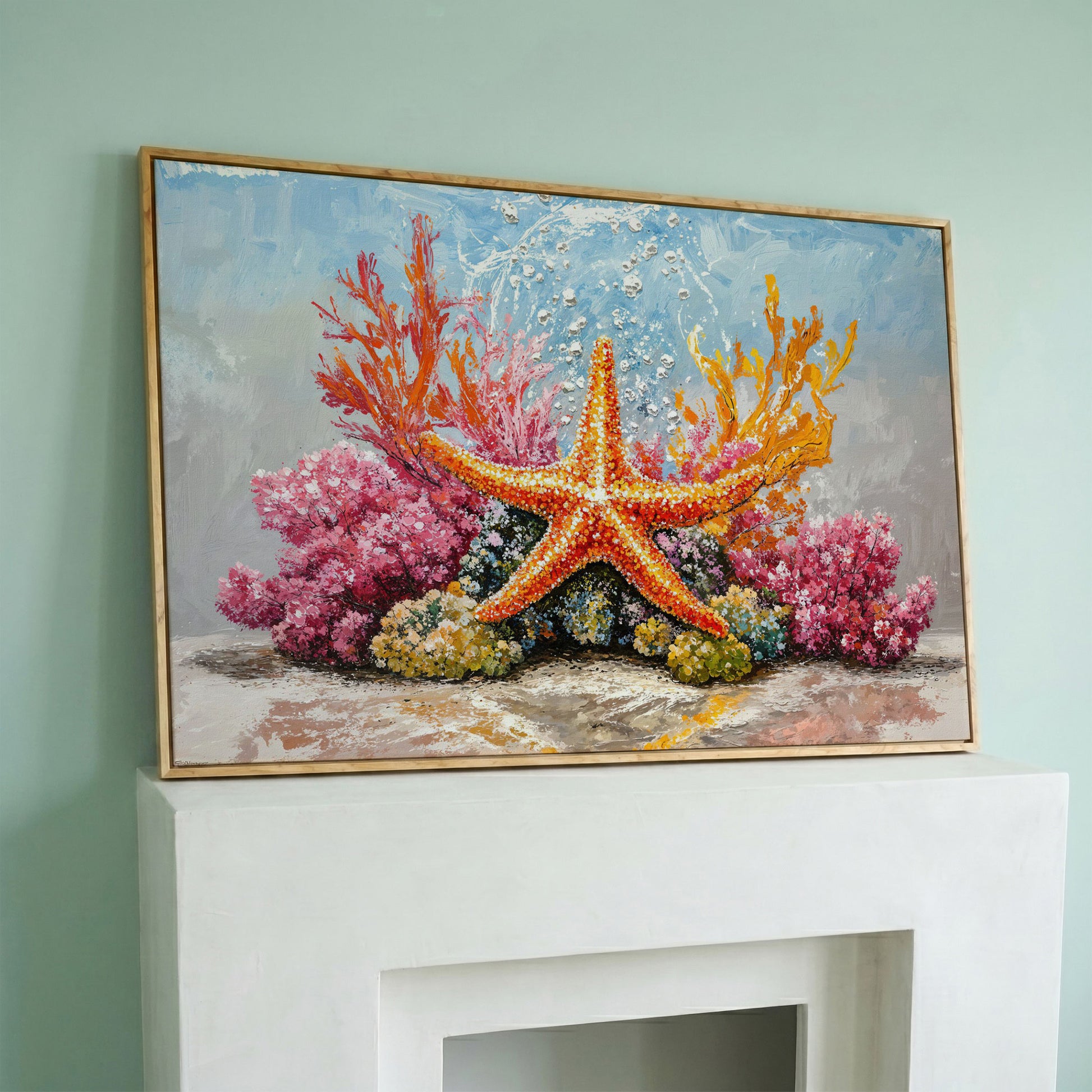 Starfish and Coral Reef Underwater Canvas Wall Art in white oak floating frame