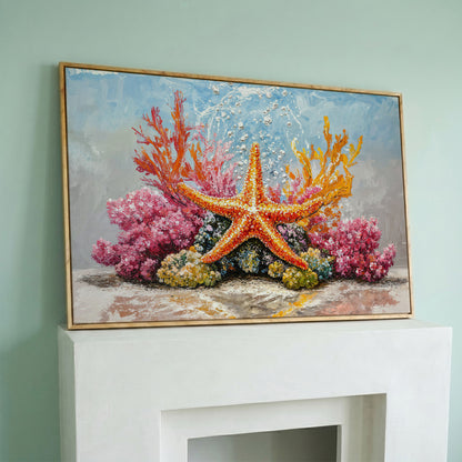 Starfish and Coral Reef Underwater Canvas Wall Art in white oak floating frame