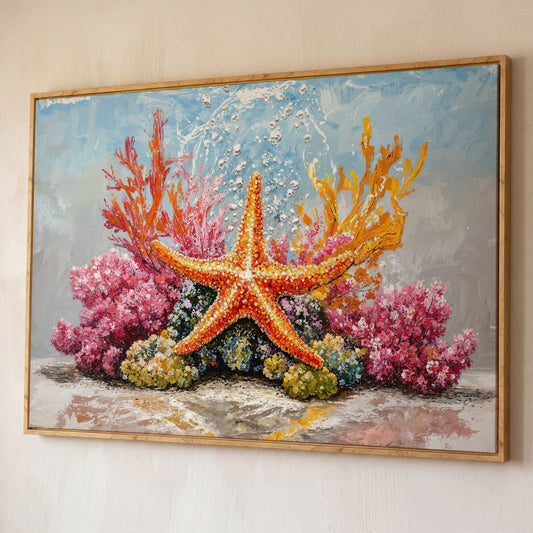 Starfish and Coral Reef Underwater Canvas Wall Art shown in white oak floating frame
