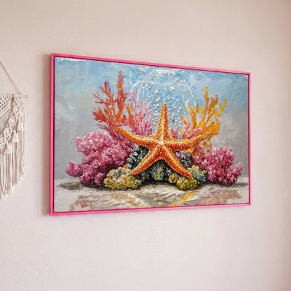 Starfish and Coral Reef Underwater Canvas Wall Art in pink floating frame