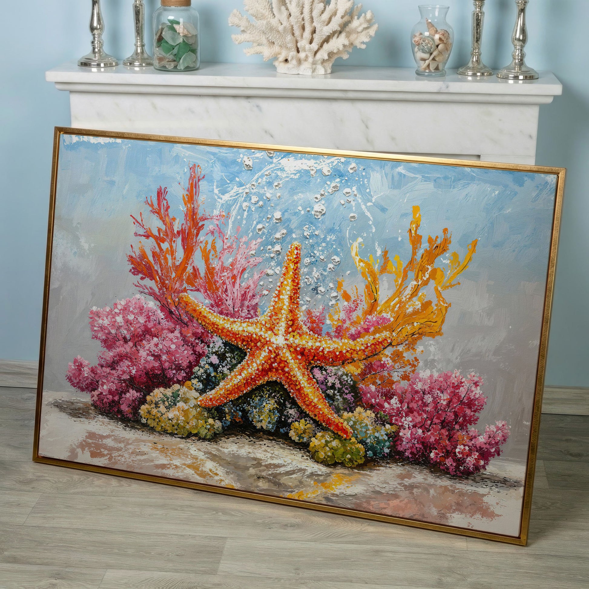 Starfish and Coral Reef Underwater Canvas Wall Art in rose gold floating frame