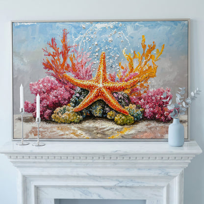 Starfish and Coral Reef Underwater Canvas Wall Art in silver floating frame