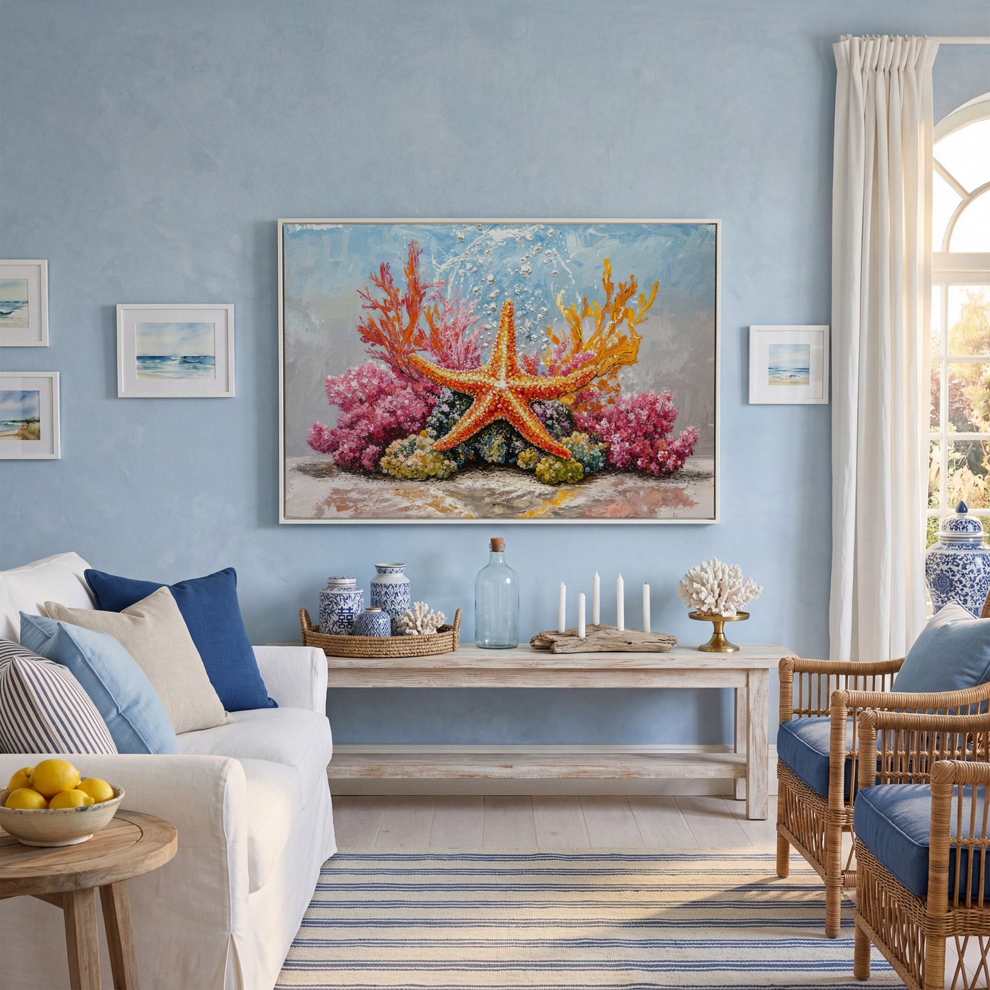 Starfish and Coral Reef Underwater Canvas Wall Art in white floating frame