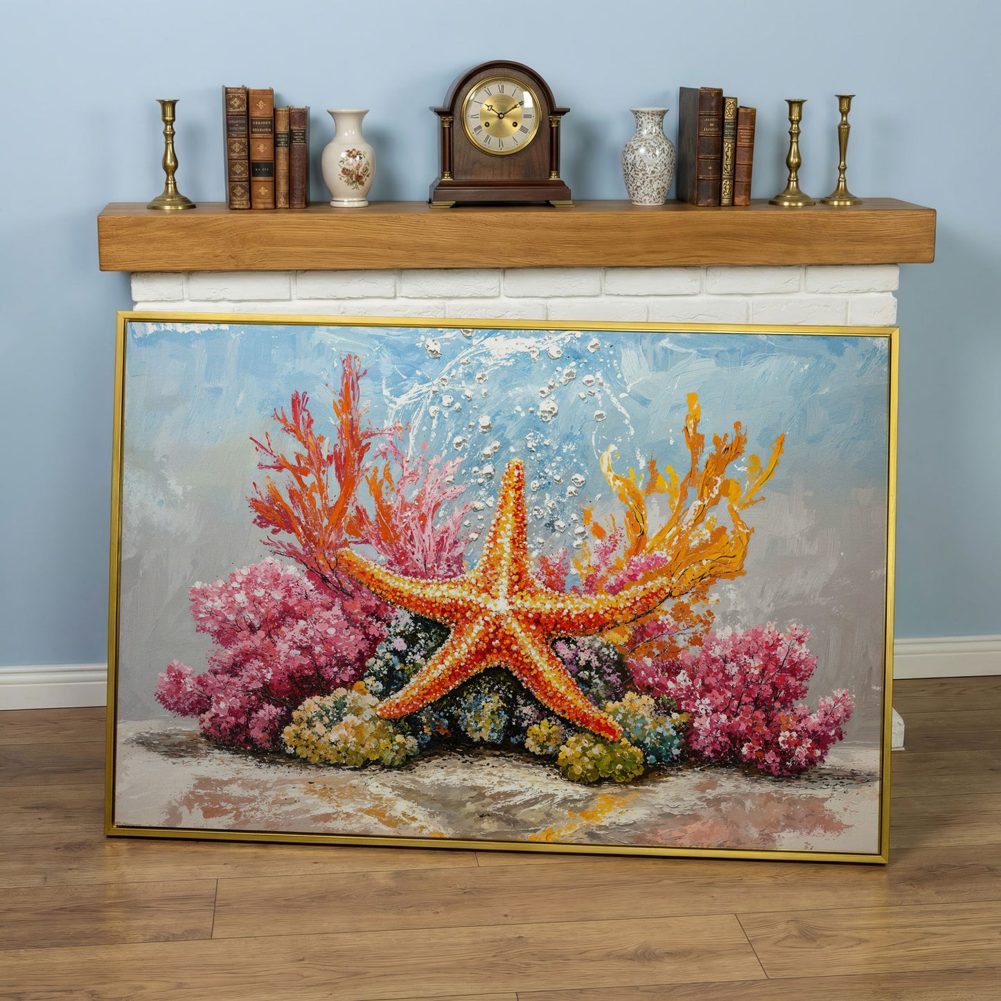 Starfish and Coral Reef Underwater Canvas Wall Art in yellow gold floating frame