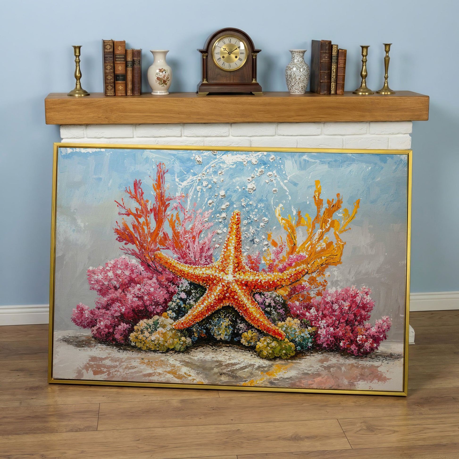 Starfish and Coral Reef Underwater Canvas Wall Art in yellow gold floating frame