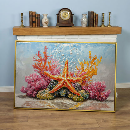 Starfish and Coral Reef Underwater Canvas Wall Art in yellow gold floating frame