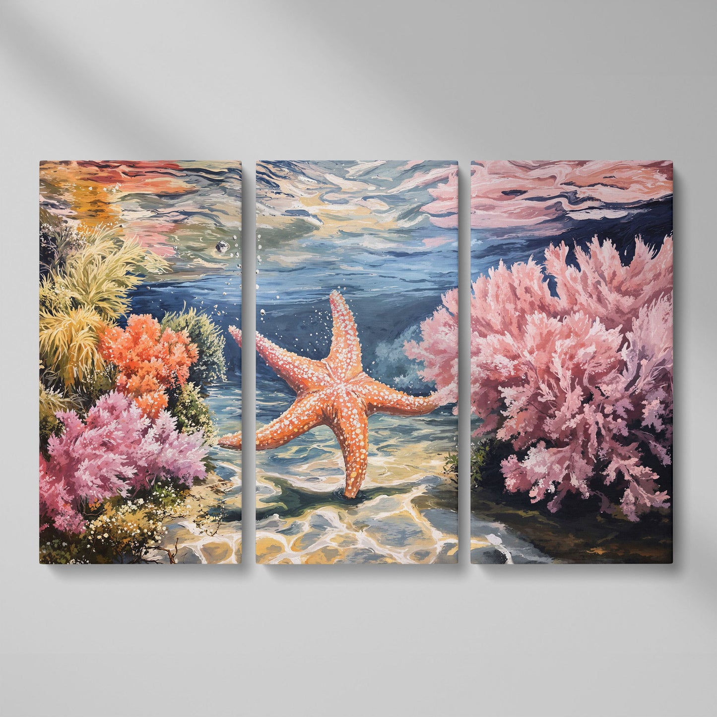 Underwater Coral Reef and Starfish Canvas Wall Art as 3-panel split version
