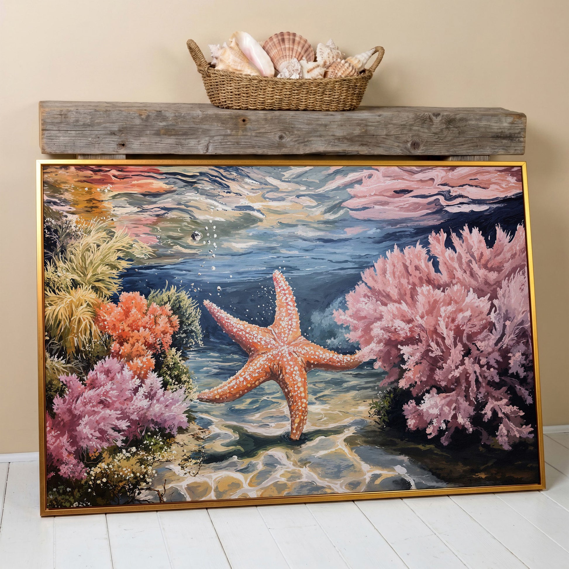 Underwater Coral Reef and Starfish Canvas Wall Art in antique gold floating frame