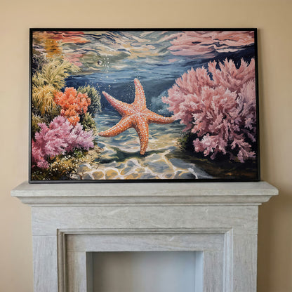 Underwater Coral Reef and Starfish Canvas Wall Art in black floating frame