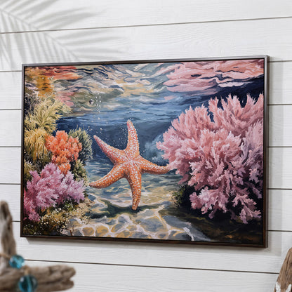 Underwater Coral Reef and Starfish Canvas Wall Art in dark walnut floating frame