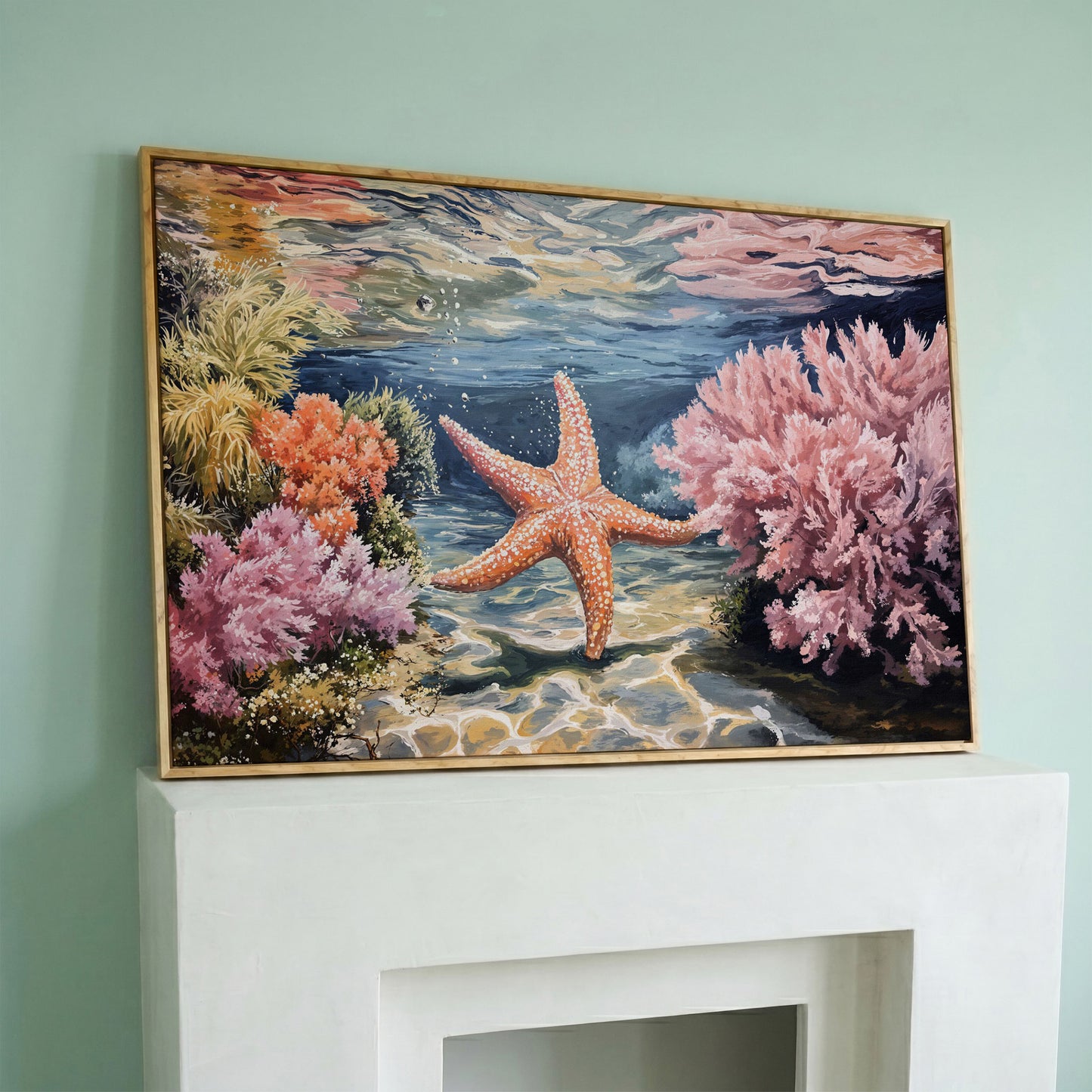 Underwater Coral Reef and Starfish Canvas Wall Art in white oak floating frame