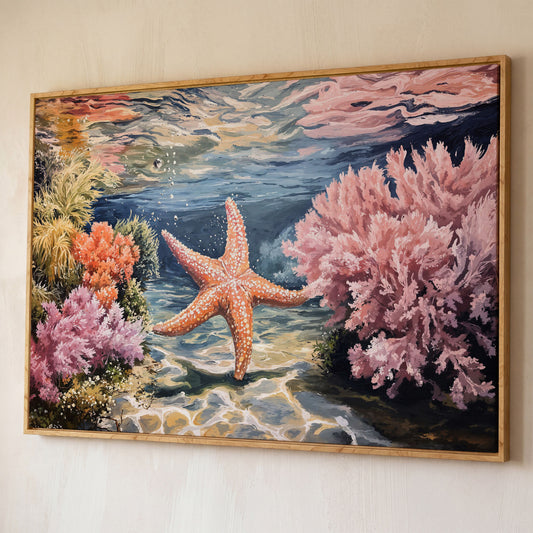 Underwater Coral Reef and Starfish Canvas Wall Art shown in white oak floating frame