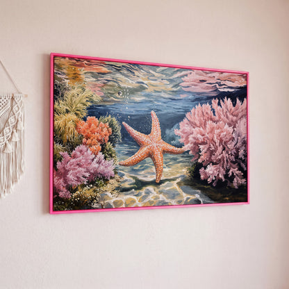 Underwater Coral Reef and Starfish Canvas Wall Art in pink floating frame