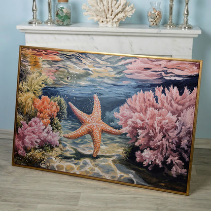 Underwater Coral Reef and Starfish Canvas Wall Art in rose gold floating frame