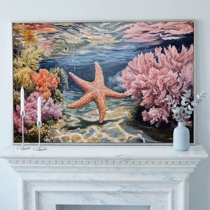 Underwater Coral Reef and Starfish Canvas Wall Art in silver floating frame