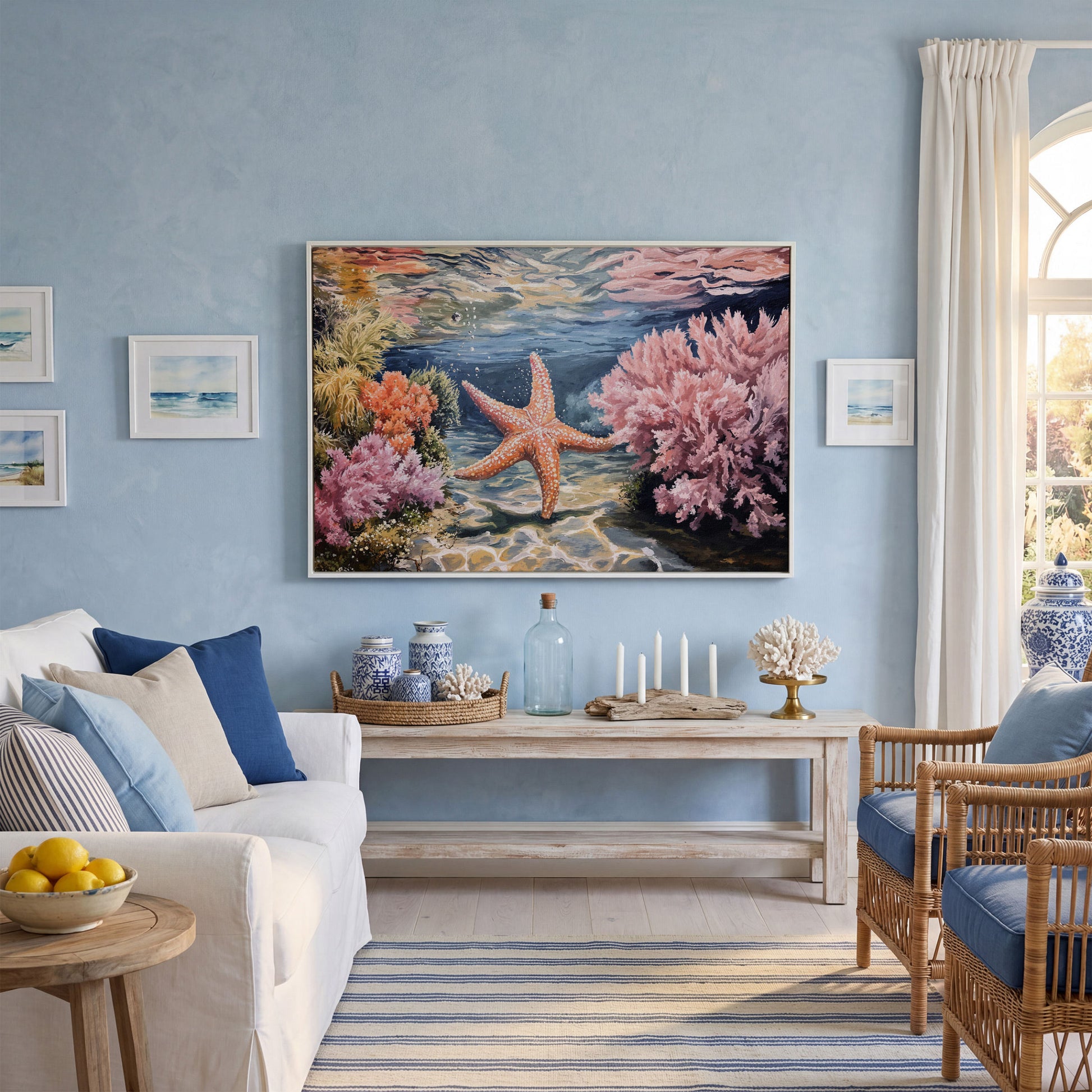Underwater Coral Reef and Starfish Canvas Wall Art in white floating frame