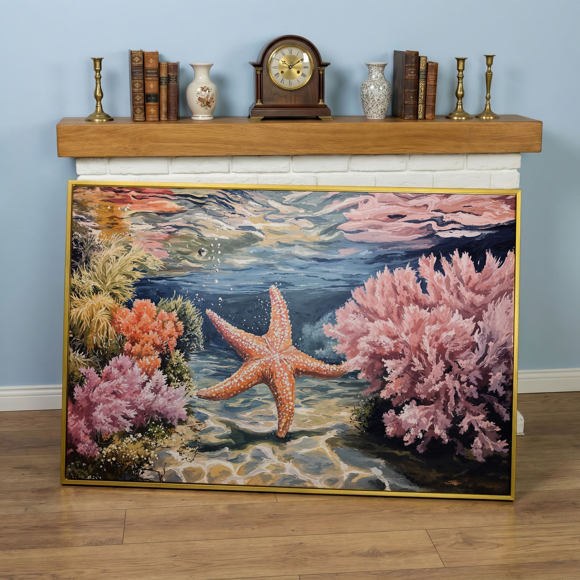 Underwater Coral Reef and Starfish Canvas Wall Art in yellow gold floating frame