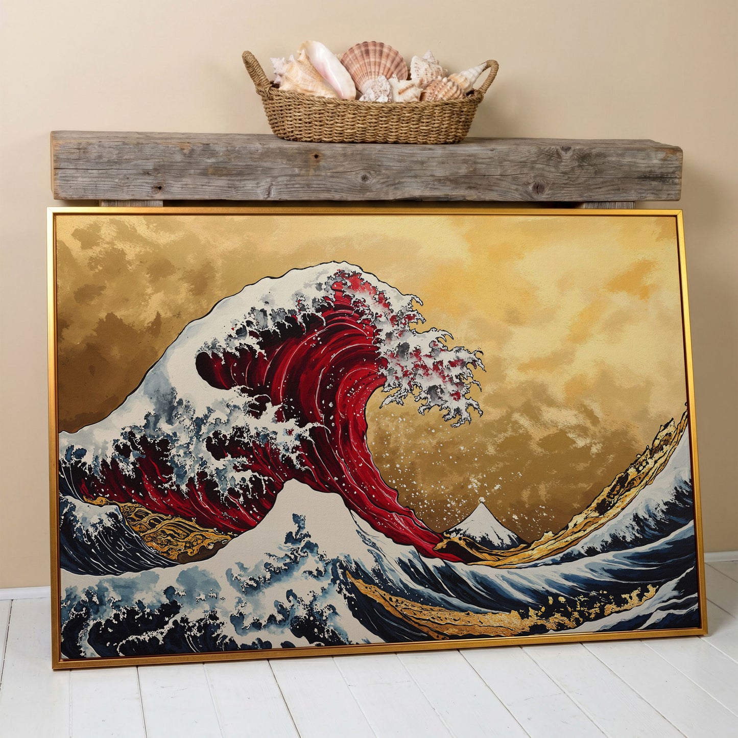 The Great Wave off Kanagawa Canvas in antique gold floating frame