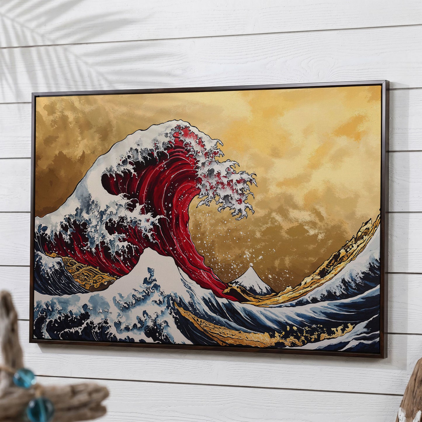 The Great Wave off Kanagawa Canvas in dark walnut floating frame