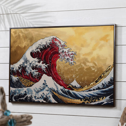 The Great Wave off Kanagawa Canvas in dark walnut floating frame