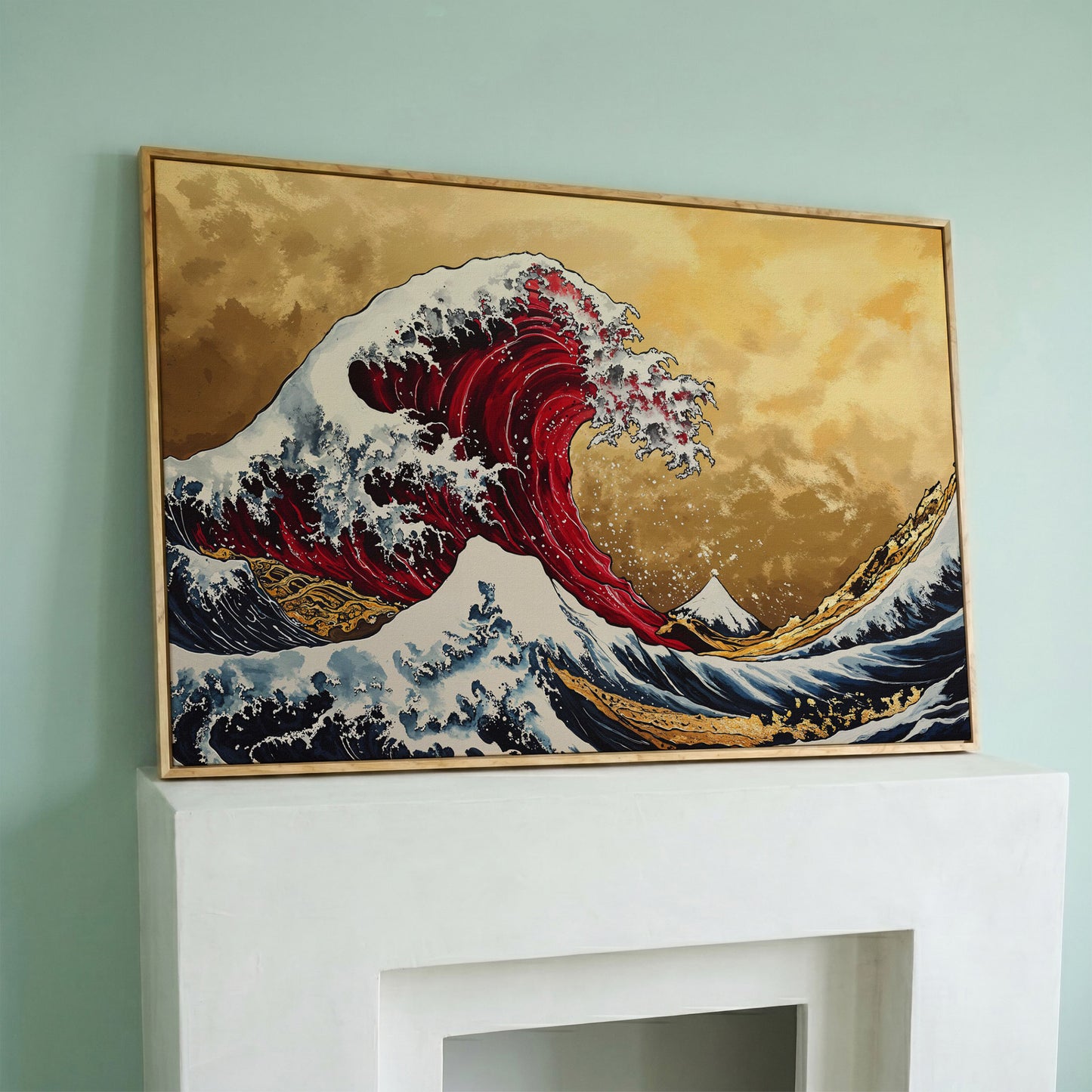 The Great Wave off Kanagawa Canvas in white oak floating frame