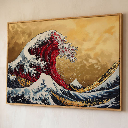 The Great Wave off Kanagawa Canvas shown in white oak floating frame
