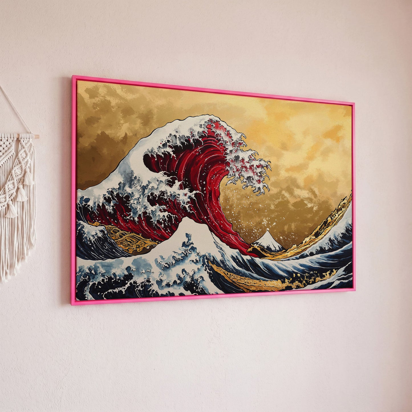 The Great Wave off Kanagawa Canvas in pink floating frame