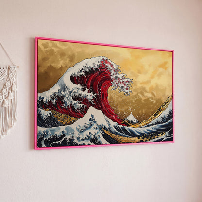 The Great Wave off Kanagawa Canvas in pink floating frame