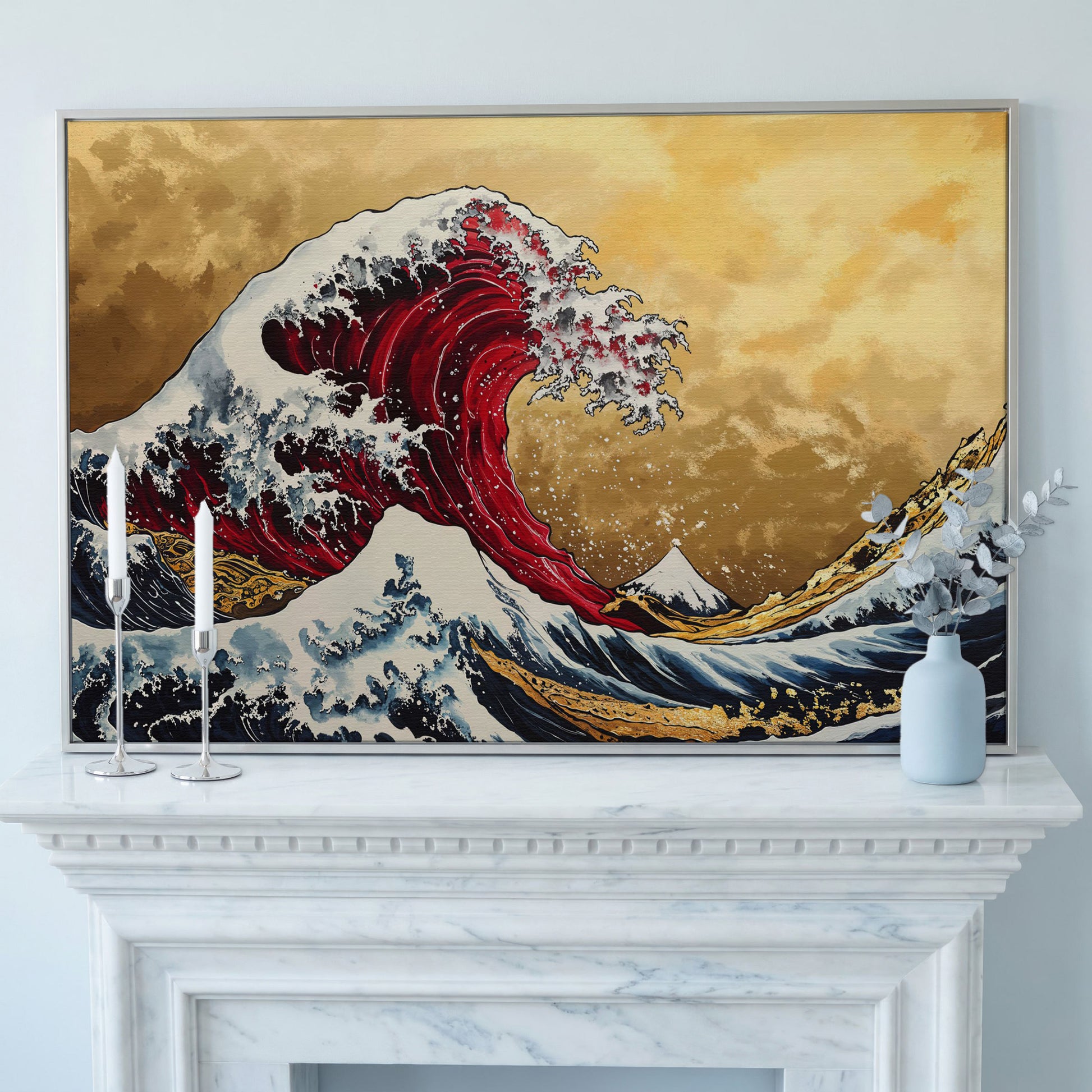 The Great Wave off Kanagawa Canvas in silver floating frame