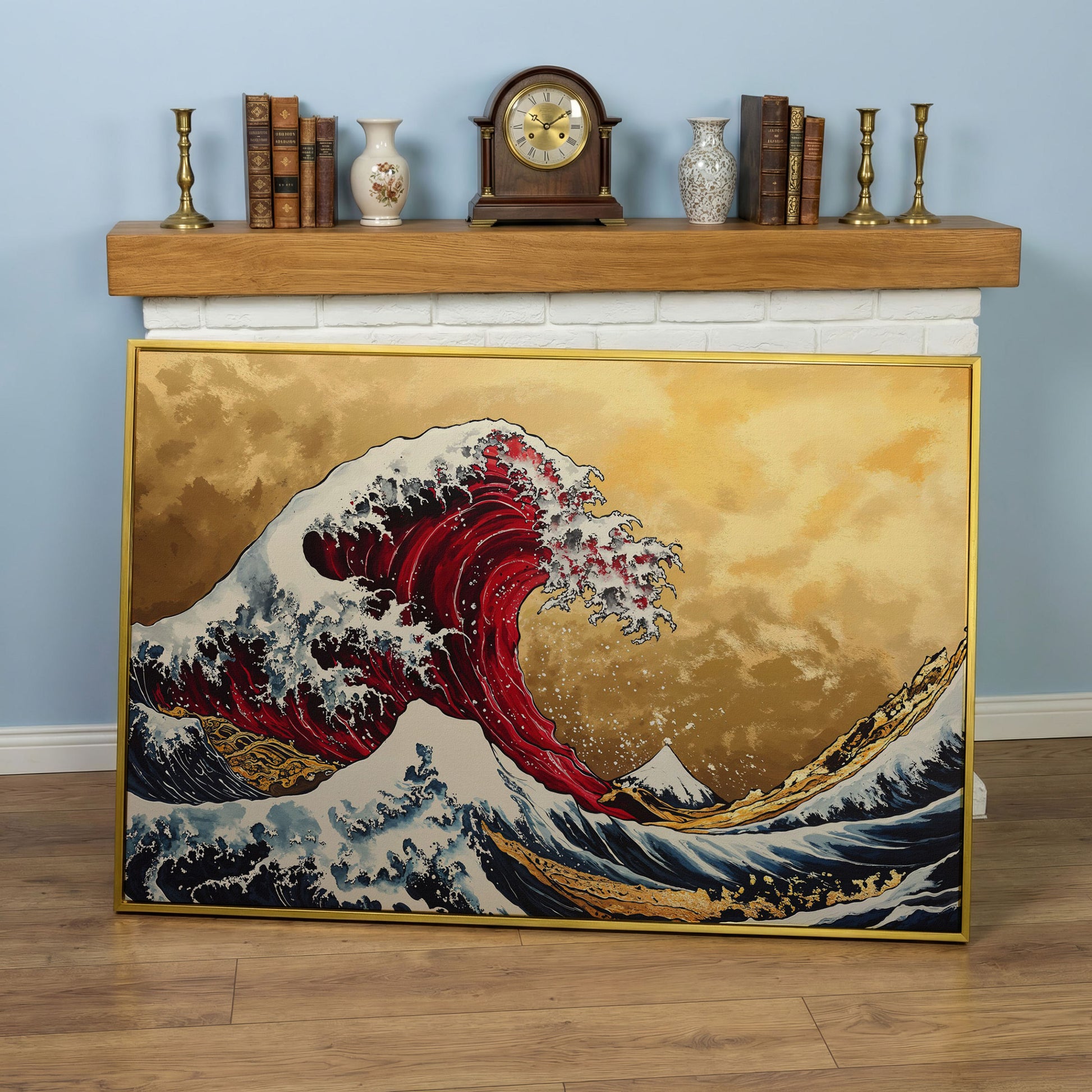 The Great Wave off Kanagawa Canvas in yellow gold floating frame