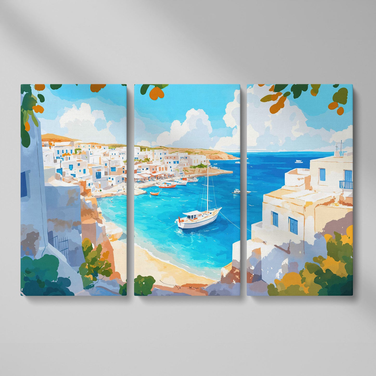 Greek Coastal Village with Mediterranean Seascape Canvas as 3-panel split version