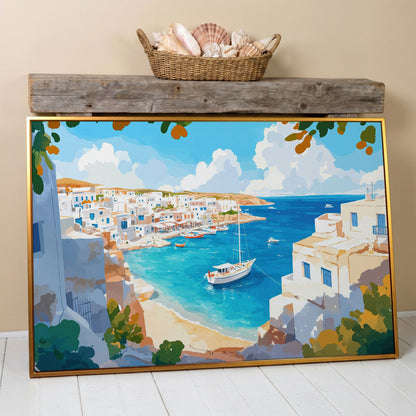 Greek Coastal Village with Mediterranean Seascape Canvas in antique gold floating frame